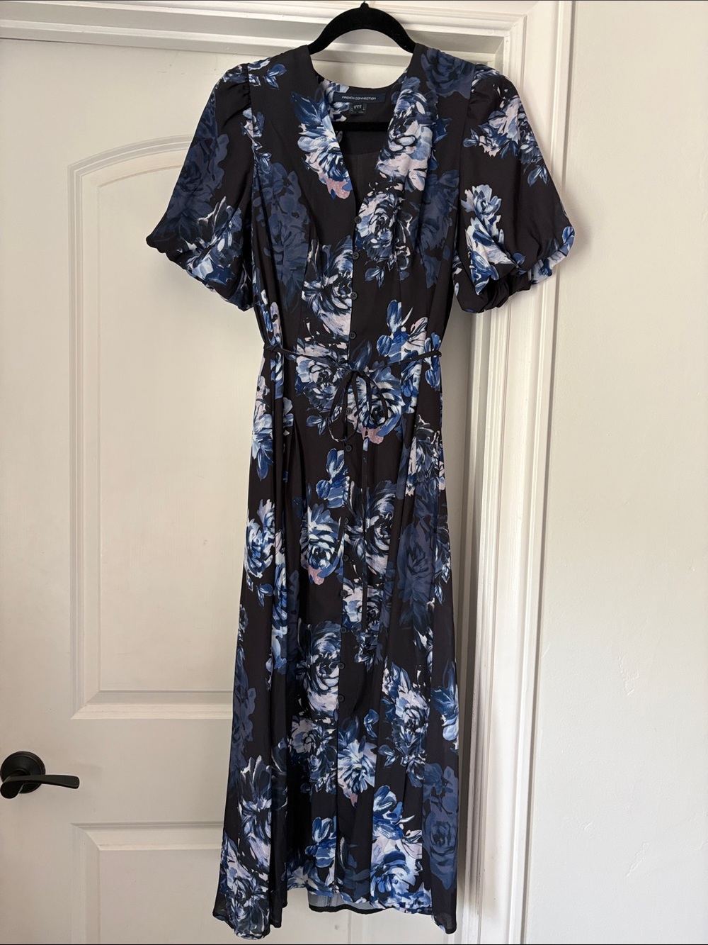 French Connection Black Midi Dress with Blue Floral Print